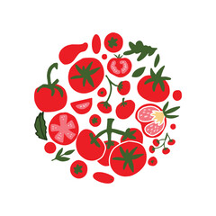 Circular tomato illustration composed of fruits and leaves in a cohesive flat style. Decorative hand drawn vector perfect for food packaging and modern kitchen decor.