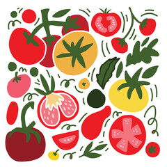 Flat vegetable illustration featuring tomatoes, leaves, and sliced elements in a balanced square composition. Modern hand drawn vector artwork for food branding and decor.