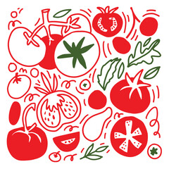 Decorative tomato and vegetable illustration combining red fills with line art details. Playful hand drawn vector design for packaging, prints, and kitchen-themed projects.