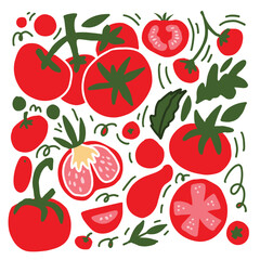 Colorful flat tomato illustration with leaves and slices arranged in a playful composition. Hand drawn vector artwork for food packaging, kitchen decor, and fresh produce branding.