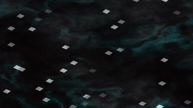 Abstract motion creates dynamic background with swirling clouds and silver squares in dark environment.