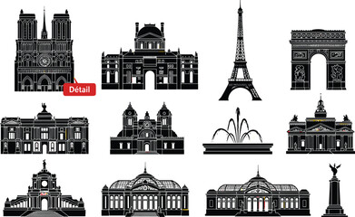 Obraz premium Paris landmarks silhouette vector set, Eiffel Tower, Arc de Triomphe, cathedral architecture, famous French monuments skyline illustration collection