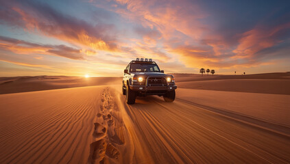 Obraz premium Desert safari sunset off road vehicle on sand dune with dramatic sky and palm silhouette