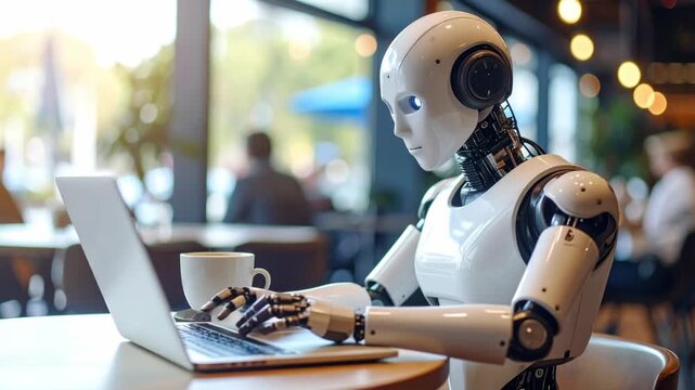 Futuristic humanoid robot typing on a laptop computer with a coffee cup in a cafe