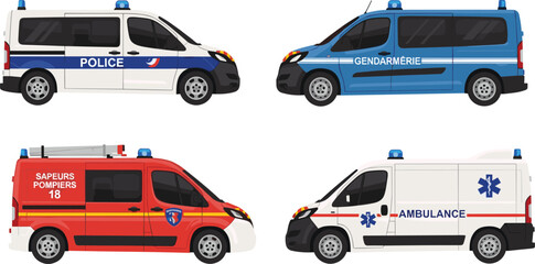 Set of French emergency service vehicles including Police Gendarmerie Sapeurs Pompiers fire truck and medical Ambulance isolated on white background © Hey There
