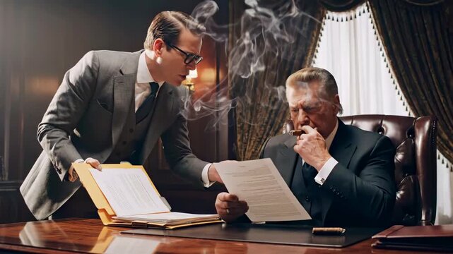 White men in executive office, young assistant presenting files to older executive smoking cigar, mahogany desk, leather chair, heavy drapes, tense negotiation atmosphere, vintage corporate style,