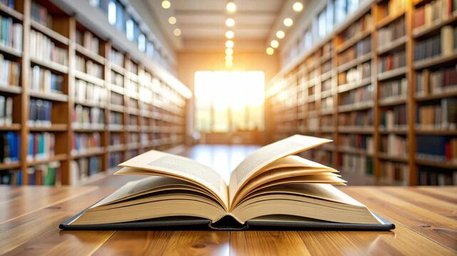 Open book on a wooden table in a library with sunlit bookshelves
