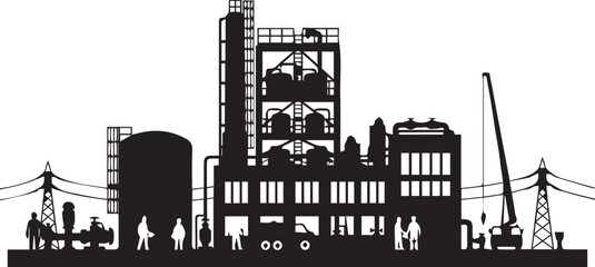 Obraz premium Industrial plant with workers silhouette, vector illustration of factory facility, line art industry