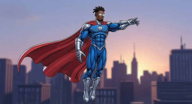 Dynamic African American Superhero Flying Over City Skyline