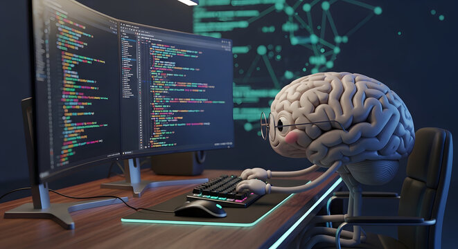 Anthropomorphic brain character working on multiple screens with code in dark room illustrating machine learning and tech innovation
