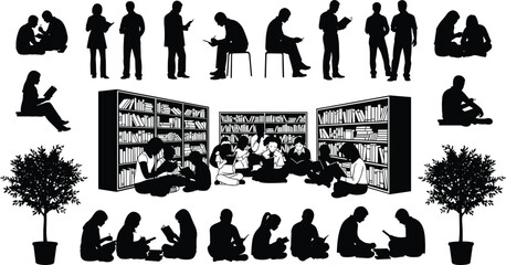 Silhouettes of people reading, studying, and sitting in a library with bookshelves, representing education, literacy, student life, and academic research. © Hey There