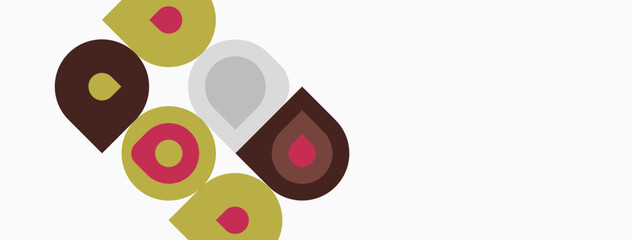 Abstract design features overlapping colorful circles, squares, rectangles. Minimalist composition with brown, beige, white tones. Modern aesthetic.