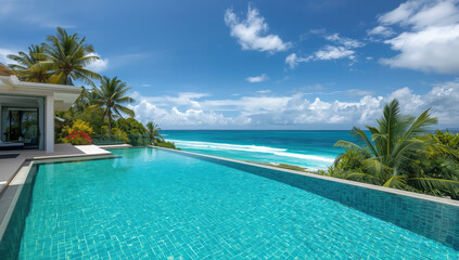 Fototapeta premium Luxury modern villa infinity pool overlooking turquoise ocean and palm trees, serene tropical