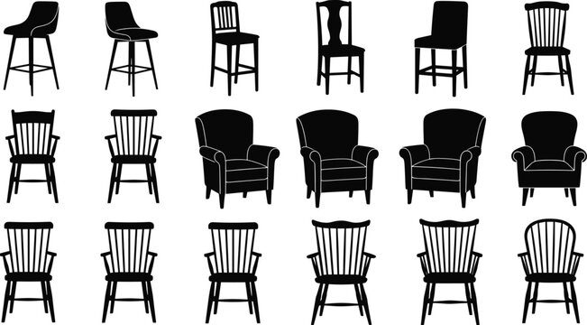 Large collection of diverse furniture silhouettes including bar stools armchairs and wooden dining chairs for interior design home decor architectural staging and furniture catalog projects
