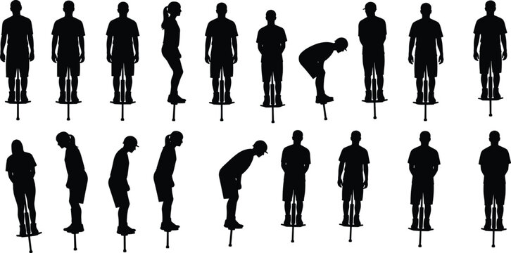 Large collection of diverse person silhouettes jumping on pogo sticks in various active poses for outdoor fun fitness competition and recreational sports design projects