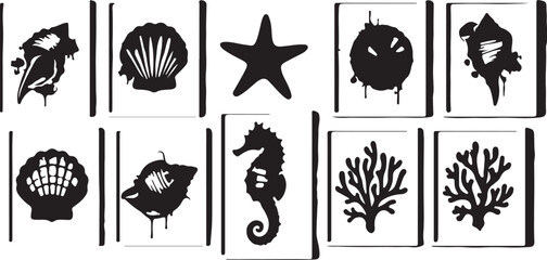 Set of sea elements in blue watercolor style: seashells, starfish, seahorse, coral. Composition of llustrations on wall in white frames © Israt