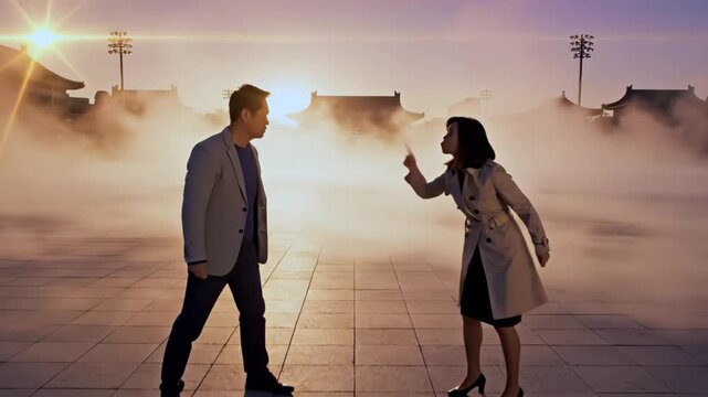 Sunset confrontation two professionals pointing across foggy plaza backlit silhouettes in coats, tense gestures and accusation, urban evening with stadium lights, emotional distance and potential