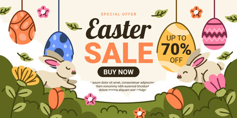 Fototapeta premium Easter Sale Horizontal Banner with Bunny, flowers and Hanging Eggs. Vector Illustration
