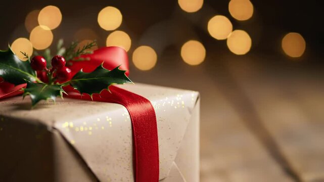 A wrapped present adorned with red ribbon and holly with bright red berries, bokeh lights provide a warm, festive background