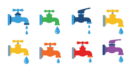 Naklejka premium Colorful water taps with dripping drops in a flat vector design