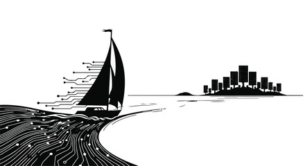 Fototapeta premium Sleek sailboat navigates digital ocean towards futuristic city skyline
