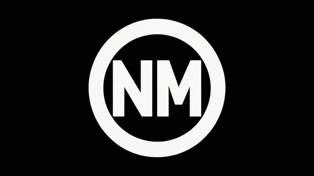 A white symbol featuring the letters "NM" enclosed by a thick white circle against a pure black background. Simple yet bold