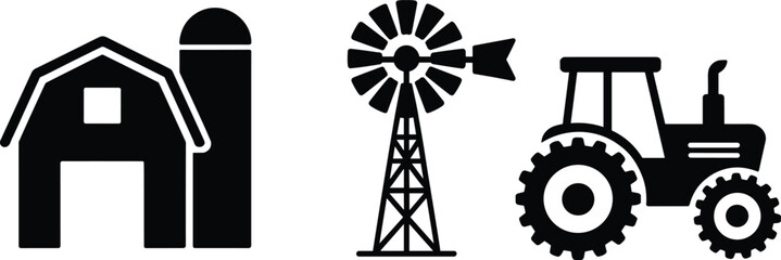Vector illustration set of three black farm icons showing barn with silo, windmill, and tractor representing agriculture, rural life, farming infrastructure. © Sakib BOss