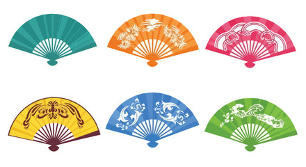 A collection of six decorative folding fans in various colors and designs © vector desgins 