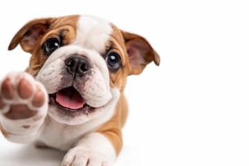 Fototapeta premium Professional macro portrait photo brown white bulldog puppy extreme close up with paw reaching toward camera playful wide angle isolated on white