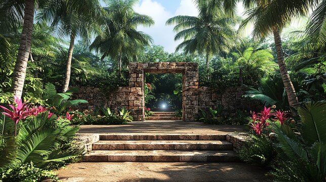 Tropical Garden with Stone Archway and Lush Foliage