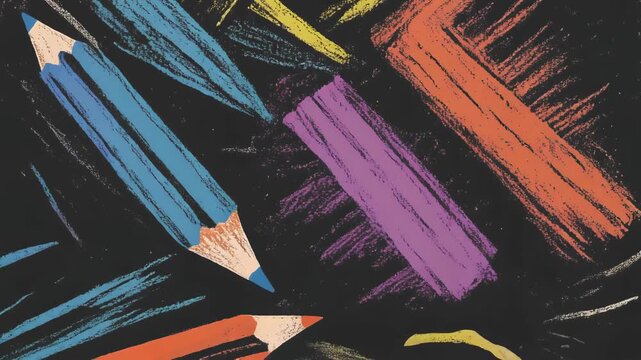 A vibrant abstract composition features crayon-like strokes in shades of yellow, blue, orange, and purple, arranged on a dark background. Pencil elements are also visible