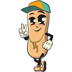 Obraz premium cute ladyfinger biscuit mascot character wearing a hip-hop style hat and wearing a sparkling gold necklace, isolated vector illustration, work of hand drawn