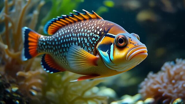 A vibrant fish swims through an underwater environment, showcasing intricate patterns and bold colors, surrounded by coral
