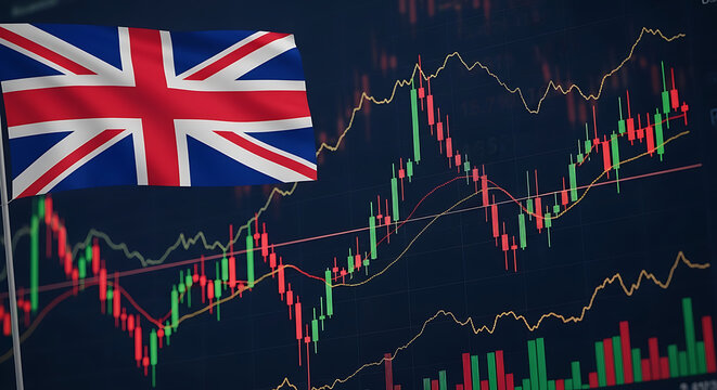 British Union Jack flag waving over professional stock market trading chart displaying uptrend and downtrend lines with complex financial data analysis for United Kingdom economic growth