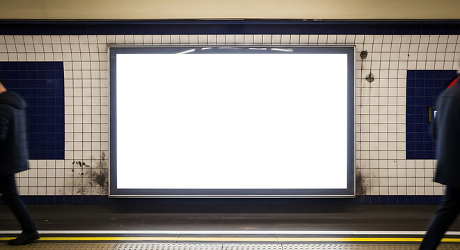 Blank billboard in London subway underground station showcasing advertisement mock-up space with an empty frame mounted on a white tiled wall inside a public transit terminal corridor