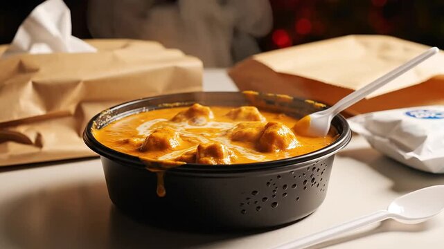 Steaming hot indian chicken tikka masala curry in a black takeout bowl with paper packaging, perfect for delivery or home dining.