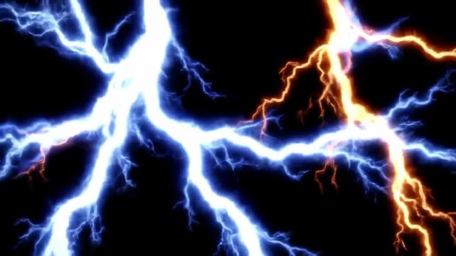A vibrant abstract depicts intense energy. Vivid blue and golden lightning bolts crackle and branch across a dark expanse