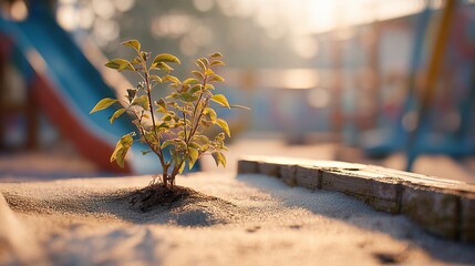 Small plant growing in sandbox at playground, sunlight, symbolizing growth, resilience, emotional development through play therapy and social emotional learning.