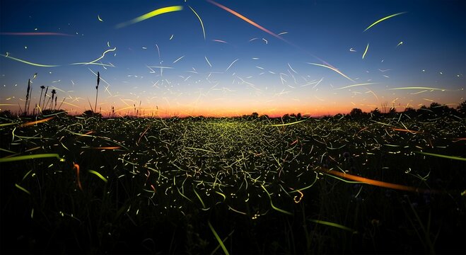 Firefly Trails Over Field at Dusk Long Exposure Nature
