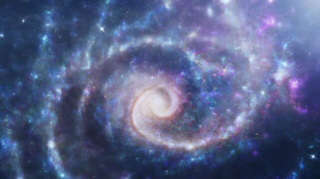 A vibrant galaxy swirls in a sea of stars. Blues, purples, and touches of red define the cosmos with a bright center. Sparkling lights