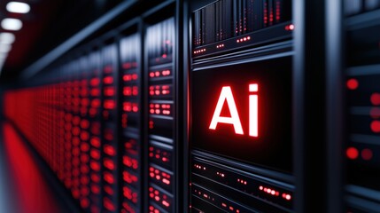 Obraz premium Modern data center with server racks and glowing AI display. High performance computing infrastructure. Artificial intelligence, cloud storage and cybersecurity technology concept
