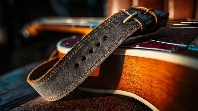 A close-up of a brown leather guitar strap on a wooden acoustic guitar, showcasing intricate details and craftsmanship.