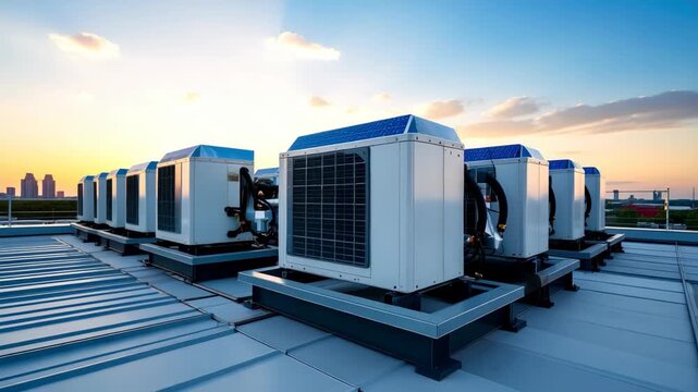 Row of industrial air conditioning units on a commercial rooftop during a clear sunset with city background