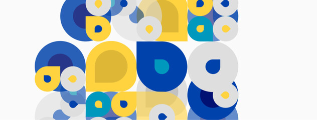 Fototapeta premium Abstract pattern features overlapping circles. Blue, yellow hues dominate white background. Simple geometric shapes create playful design.