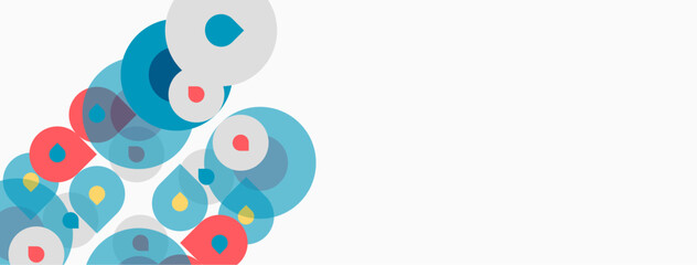 Fototapeta premium Abstract circles overlap, creating vibrant patterns. Colors include blue, red, teal, white. Minimalist design, modern aesthetic.