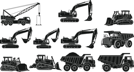 Set of heavy construction machinery vehicle silhouettes including excavators cranes bulldozers and dump trucks for industrial engineering and building projects © Hafiza