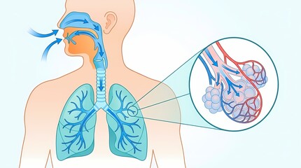 Clear Anatomical Illustration of the Human Respiratory System and the Process of Breathing and Gas Exchange
