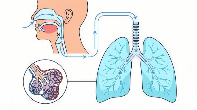 Detailed human respiratory system diagram illustrating air intake, tracheal pathway, and alveolar gas exchange in the lungs