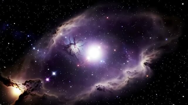 A vibrant nebula dominates the frame, surrounded by countless stars against the dark backdrop of space, showcasing cosmic grandeur