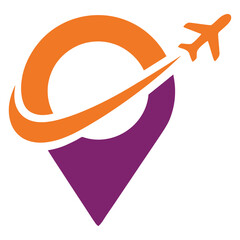 Modern travel and location vector icon with airplane and map pin